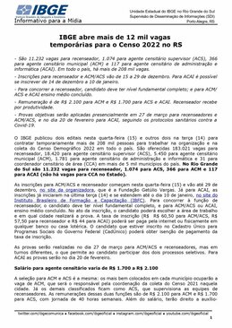 IBGE abre mais de 12 mil vagas temporárias para o Censo 2022 no RS